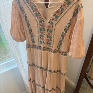 orange creek Peach Floral Embroidered Midi Dress